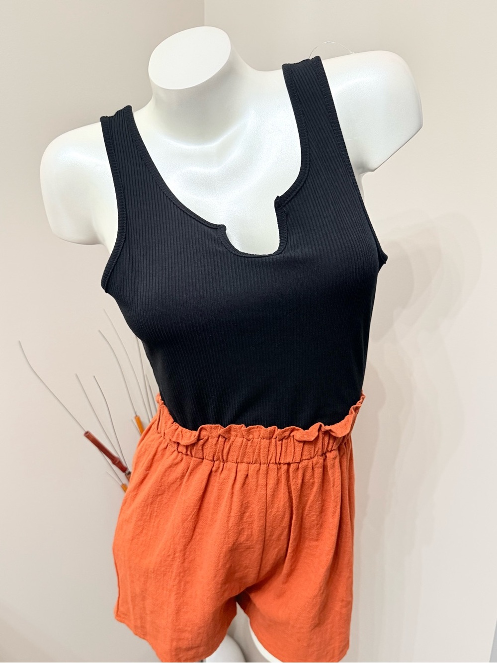 NWT PatPat Romper shorts Black Coral/Orange One Piece Ruffle Waist Ribbed Sz S